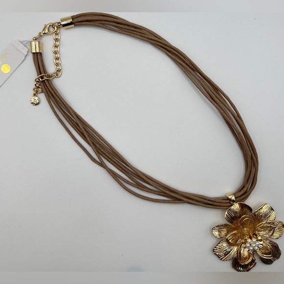 NWT True to Form Gold Floral Pendant Necklace with Multi-Strand Cord - Picture 2 of 4